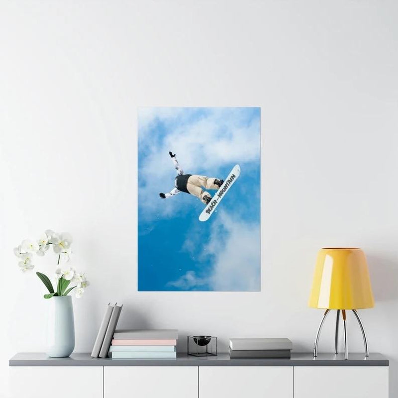 Snowboarding Matte Vertical Posters, Snow, Blue Skies, Clouds, Winter Sports, X Games, Mountain, Jump, Ski Resort, Trick, Snowboard, Decor.