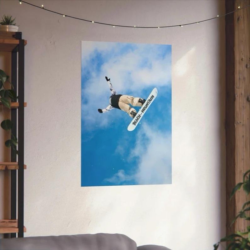 Snowboarding Matte Vertical Posters, Snow, Blue Skies, Clouds, Winter Sports, X Games, Mountain, Jump, Ski Resort, Trick, Snowboard, Decor.
