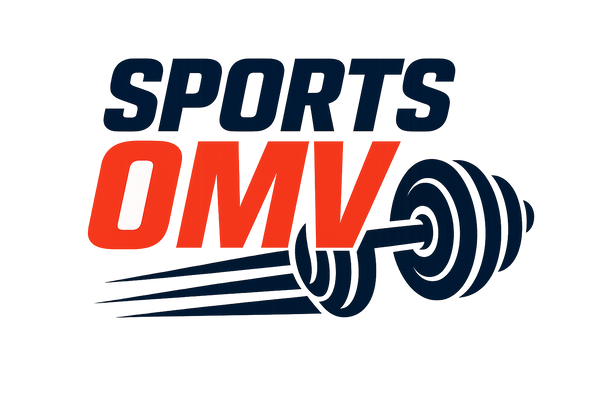 Logo of Sports OMV with a barbell on a white background